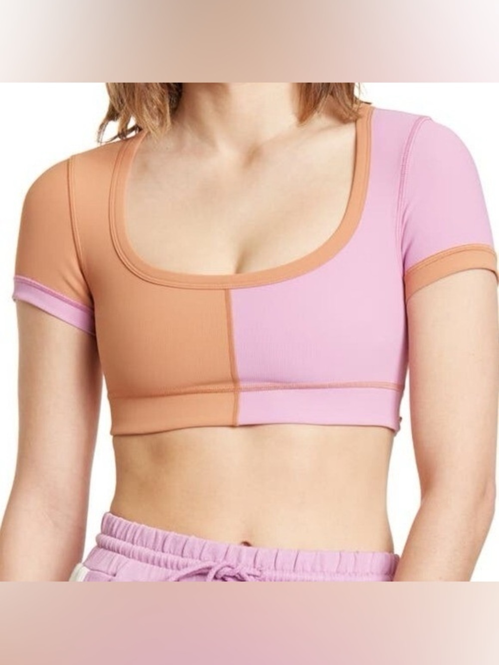 L*Space Pink & Tan Colorblock Short Sleeve Crop Top Small
